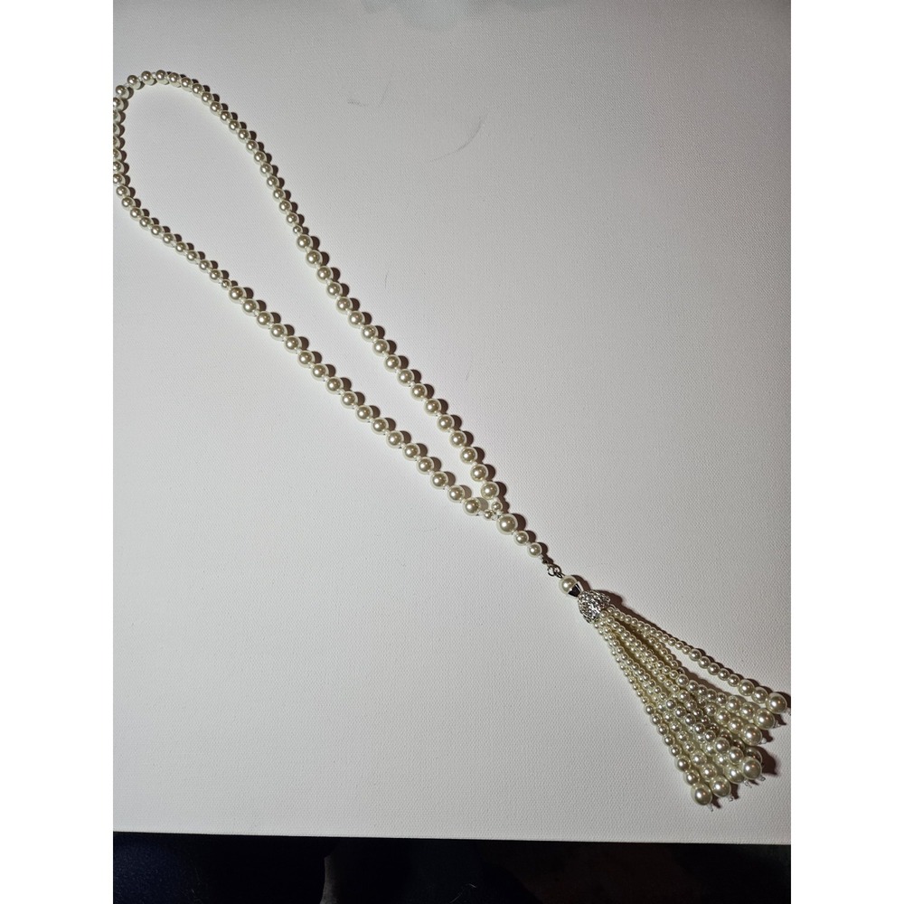 Vtg Art Deco Faux Pearl Tassel Necklace Long Lariat Flapper Strand 1920s Style